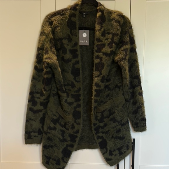 Fate Sweaters - Fate Olive and Black Camo Fuzzy Knit Cardigan